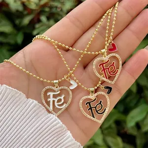 Collana Con Ciondolo a Cuore in Rame Placcato Oro 18K Con Zirconia Lettera Fé Smalto Doppio Cuore Gioielli da Donna