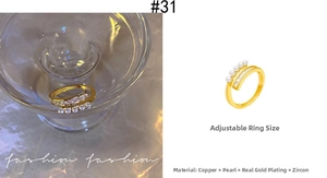 Detailed view of adjustable double-layer copper ring with pearls and zircons in gold plating
