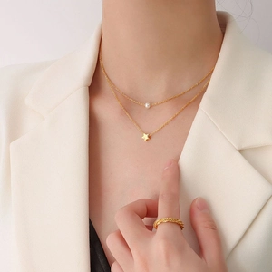 Double-layered 18k gold plated star pendant necklace with pearl charm for women