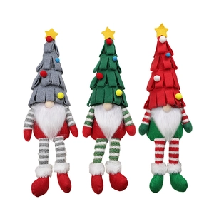 Three-piece set of Christmas tree gnomes with long striped legs in red green and grey