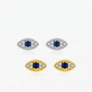 Evil Eye Stud Earrings 925 Sterling Silver Micro Pave Cubic Zirconia Blue Center Stone Elegant Minimalist Fashion Jewelry