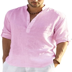 Detail of light pink linen shirt for men featuring a classic stand collar and long sleeves