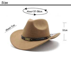 Detailed size chart for the khaki wool cowboy hat showing brim width and head circumference
