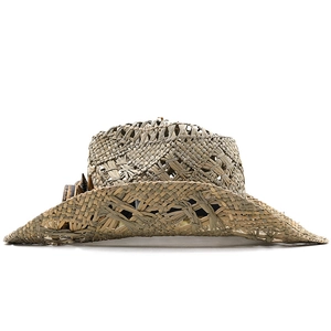 Handwoven straw cowboy hat with a natural finish and wide curved brim for a summer look