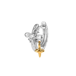 Exquisite silver hoop earrings with star patterns and gold star pendants on white background
