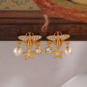 Retro Bee Drop Earrings For Women Gold Plated Alloy Rhinestone Imitation Artificial Pearl Star Charm Elegant Jewelry