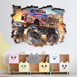 3D Broken Wall Monster Truck Wall Sticker PVC Self Adhesive Racing Car Mural For Boys Bedroom Playroom Decor