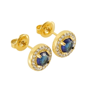18K gold plated double-layer stainless steel stud earrings with blue zircon center stone
