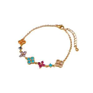 Bracciale placcato oro 18 carati con quadrifogli colorati in zircone e chiusura a moschettone