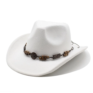 Close-up of white wool cowboy hat featuring a rustic wooden bead and charm hatband