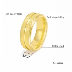 Modern 8mm gold plated steel ring with brushed sandblasted finish and polished beveled edges