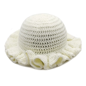 Detailed view of the white hand-knitted ruffle brim hat with intricate crochet patterns