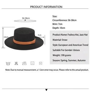 Flat top straw fedora with 7cm brim and leather band, stylish unisex sun protection hat