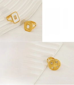 Detail of 18K gold-plated stainless steel geometric rings with hypoallergenic finish