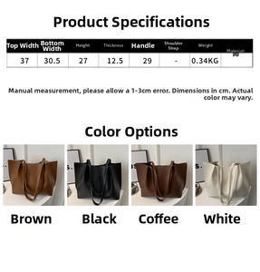 Detailed size chart and multi-color specifications for the large PU tote handbag