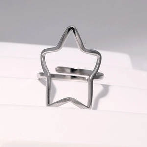 Detail of adjustable star ring in silver stainless steel on white pedestal