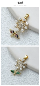 Detail of rose pendant with 18k gold plating, white pearls and colorful gemstones