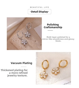 Detailed view of polished flower hoop earrings with zircon stones and thick plating