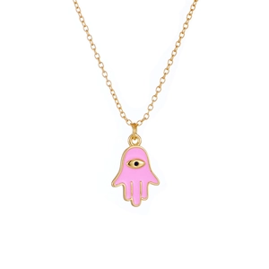 Detailed view of pink enamel Hamsa Hand pendant with Evil Eye on gold chain