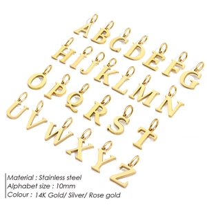 Polished 10mm stainless steel alphabet pendants in 14K gold finish for DIY jewelry