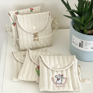 Quilted Cotton Sanitary Napkin Storage Bag Cute Cartoon Embroidery Portable Small Cosmetic Pouch