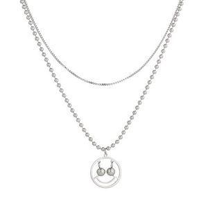 Collier double couche argenté minimaliste avec pendentif sourire en acier pur