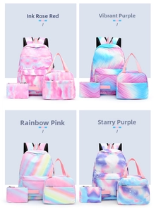 Detailed 3-piece set featuring backpack, lunch bag and pencil case in four vibrant patterns
