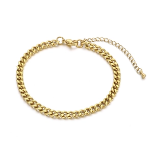 Polished gold titanium steel curb chain bracelet with adjustable lobster clasp on white background