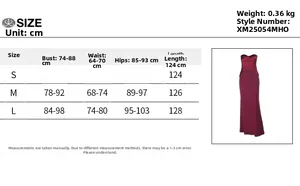 Detailed size chart for the off-shoulder evening dress with bust, waist, and hip dimensions