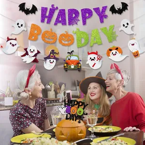 Halloween Happy Boo Day party decoration set with glitter banners and ghost cake toppers