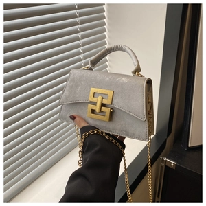 Detail of grey suede crossbody bag featuring premium gold buckle and chain strap accents