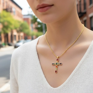 Dettaglio della collana a croce placcata in oro con zirconi colorati su una modella