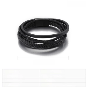 Detail of multi-layer braided black leather bracelet with black magnetic steel clasp
