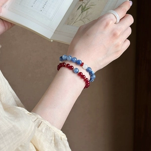 Vintage style agarwood and agate beaded bracelet set with deep blue crystals for women