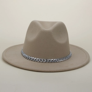 Detail of khaki wool felt fedora featuring a stylish silver metal chain decoration