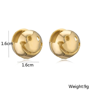 Detail showing 1.6cm gold-plated smiley face earrings with 9g weight dimensions