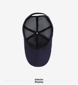Interior view of navy blue mesh baseball cap with breathable lining and adjustable strap