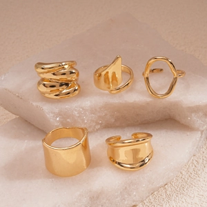 5-piece set of chunky gold geometric rings with irregular and minimalist wave designs