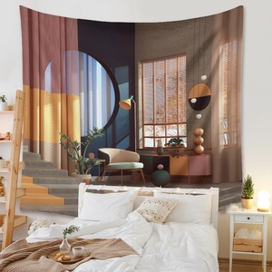 Abstract modern tapestry showing indoor scenery hanging above a bed in a cozy bedroom