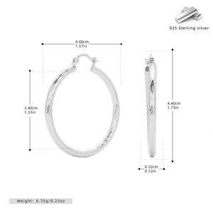 Detailed view of 925 sterling silver twisted hoop earrings with size measurements