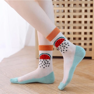 Transparent sheer socks with red watermelon pattern and green toe detail for women