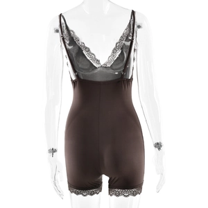 Detail of dark brown bodysuit with lace trim on the back and legs for a slim fit look