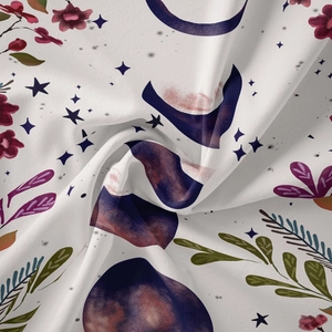Vue détaillée de la texture du tissu avec motifs bohèmes de lune et de fleurs
