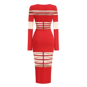 Detail of red mesh patchwork dress showing back cut-out design and sheer panels