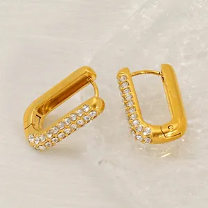 Stainless Steel Hoop Earrings 18K Gold Plated Rectangle Geometric Rhinestone Inlaid Fashion Jewelry For Women