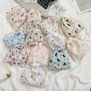 Cartoon Drawstring Storage Bag Embossed Seersucker Pouch Portable Travel Makeup Organizer Dustproof Cute Printing