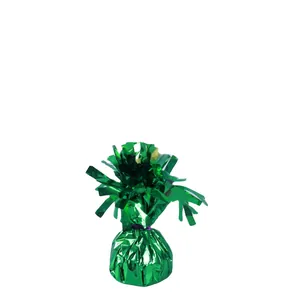 Green foil balloon weight with festive fringe decoration for party supplies and celebrations