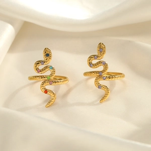 Golden snake-shaped rings with colorful zircon inlays and detailed scale texture