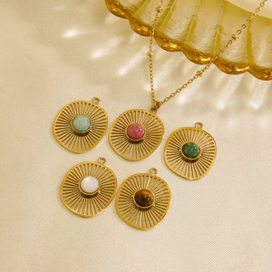 14K gold plated stainless steel sunburst necklaces with natural stone inlay set