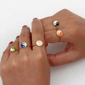 Adjustable 18K gold plated stainless steel rings with colorful enamel Yin Yang patterns